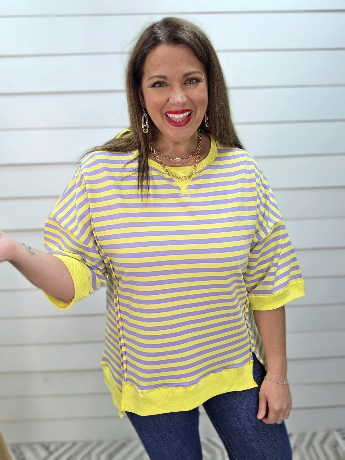 YELLOW/LAVENDER STRIPED FRENCH TERRY TOP
