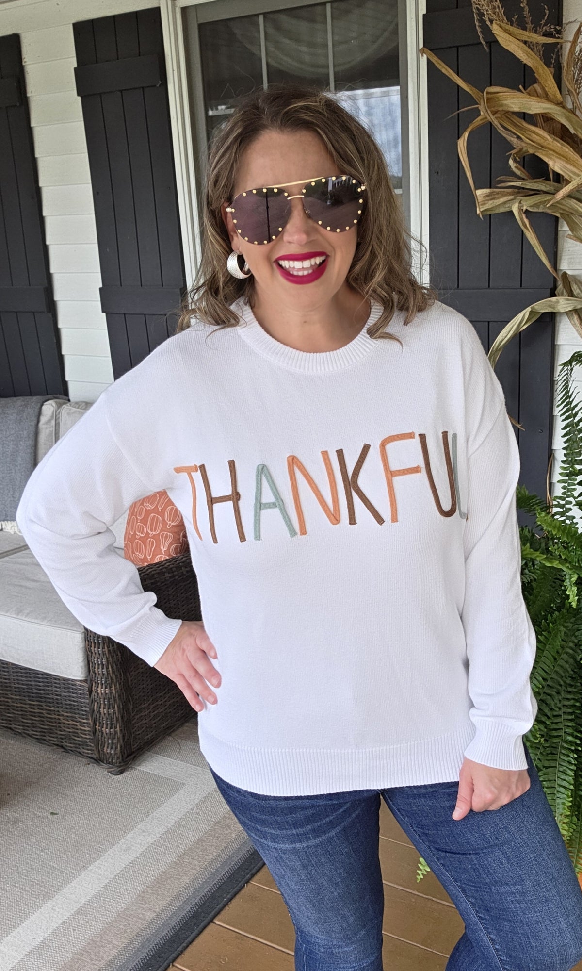 CREAM MULTI COLOR EMBROIDED "THANKFUL" SWEATER