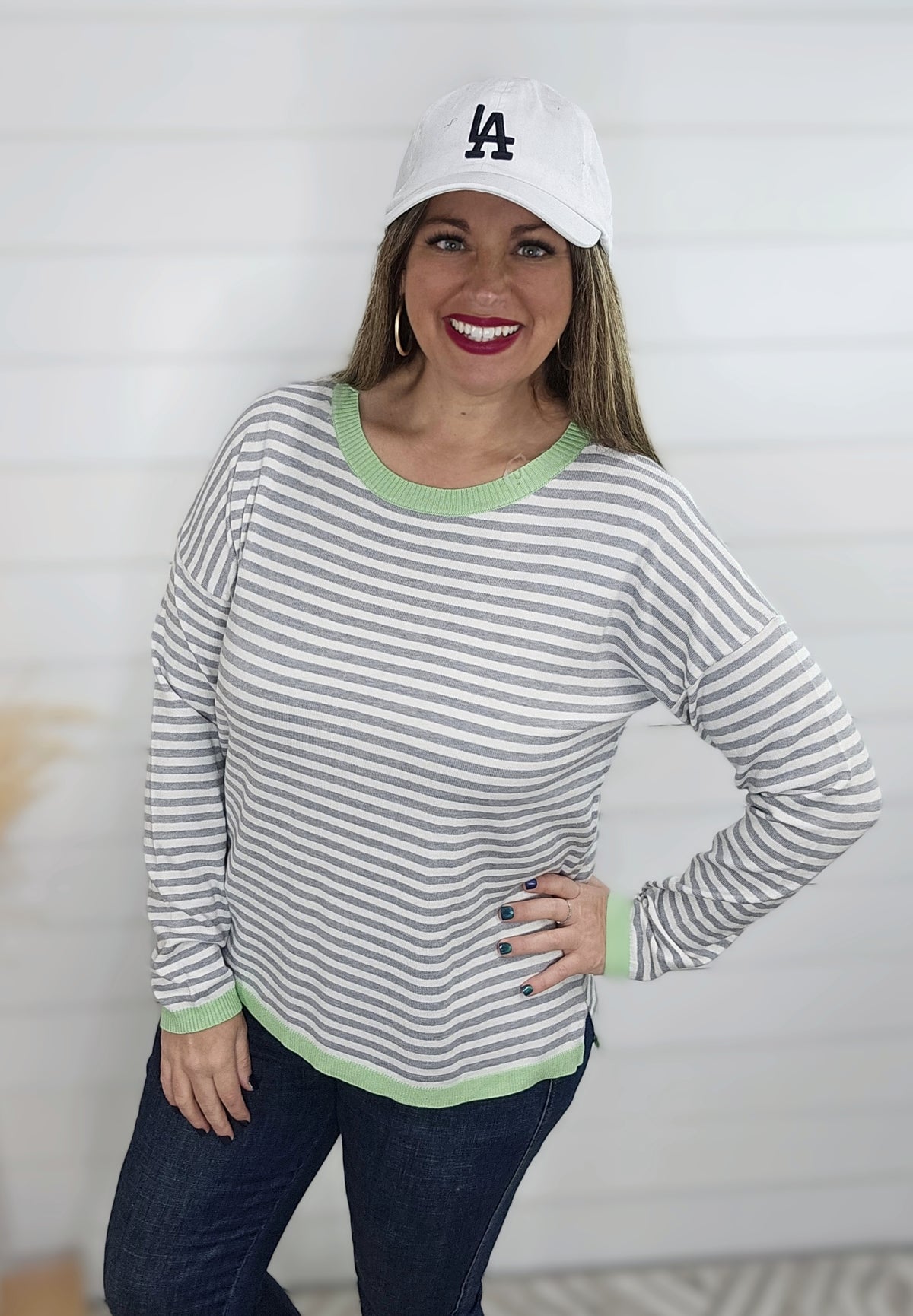 GREY STRIPED KNIT TOP W/ LIME TRIM