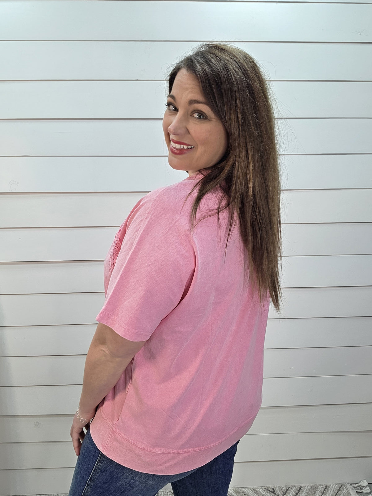 PINK MINERAL WASH LACE TRIM TOP