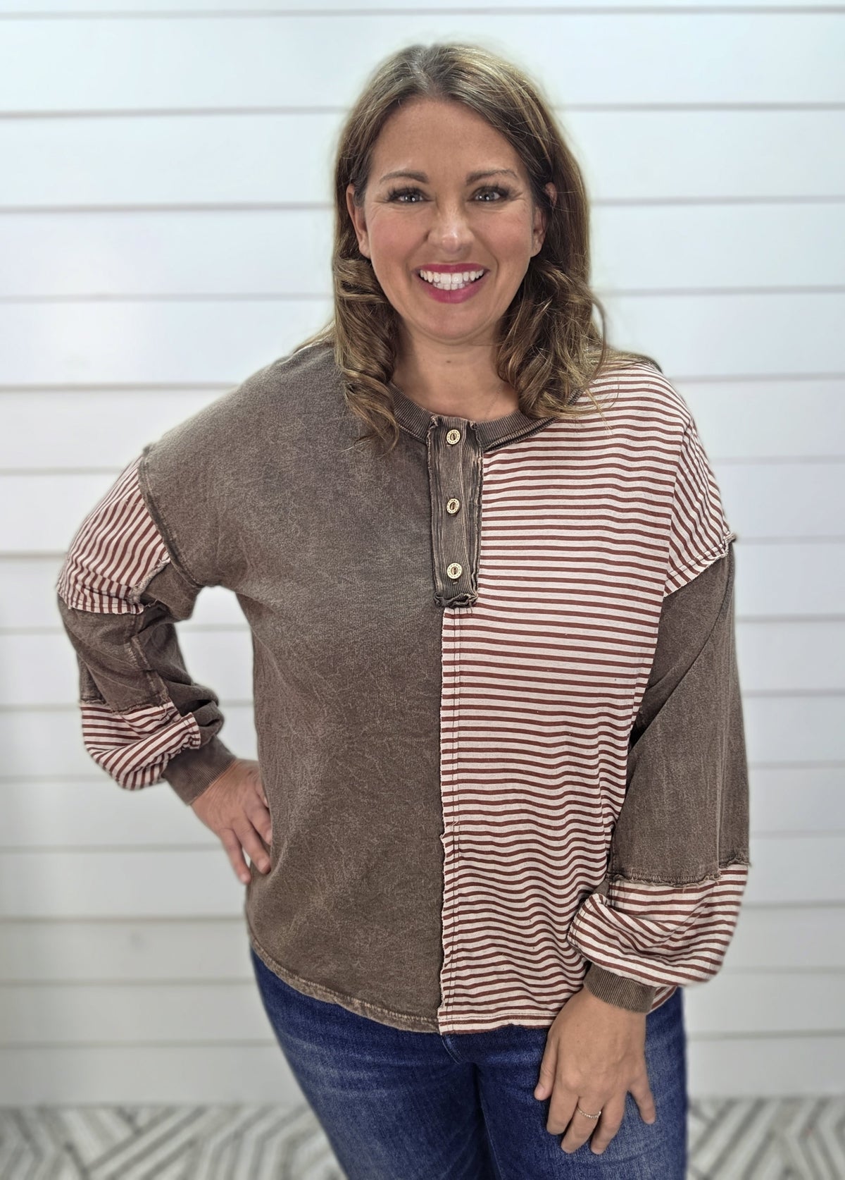 ASH OAK Mineral Washed Striped Contrast Henley Knit Top