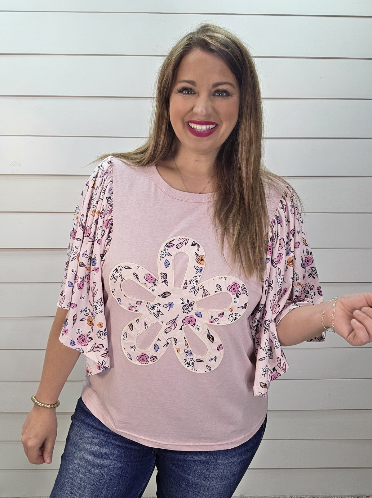 PINK FLORAL BIG SLEEVE KNIT TOP