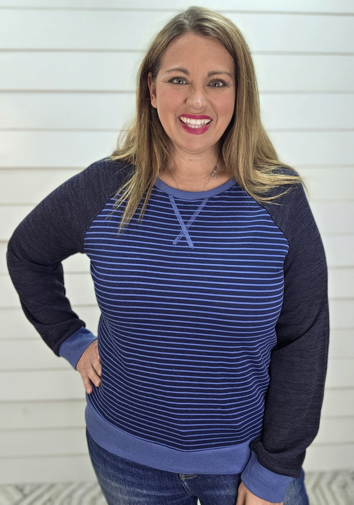 BLUE Crew Neck, Raglan Sleeve, Stripe Mix Media Sweatshirt