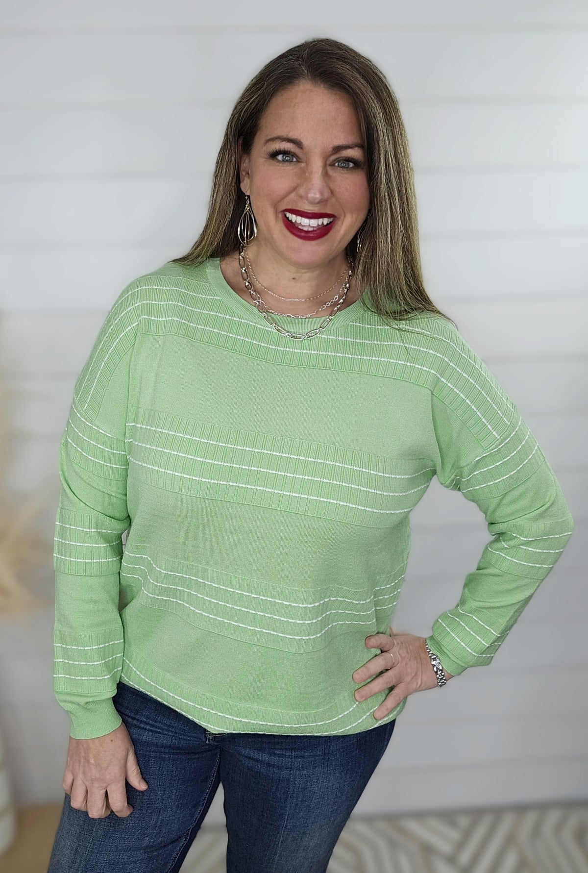 LIME STITCH STRIPED CREW NECK SWEATER