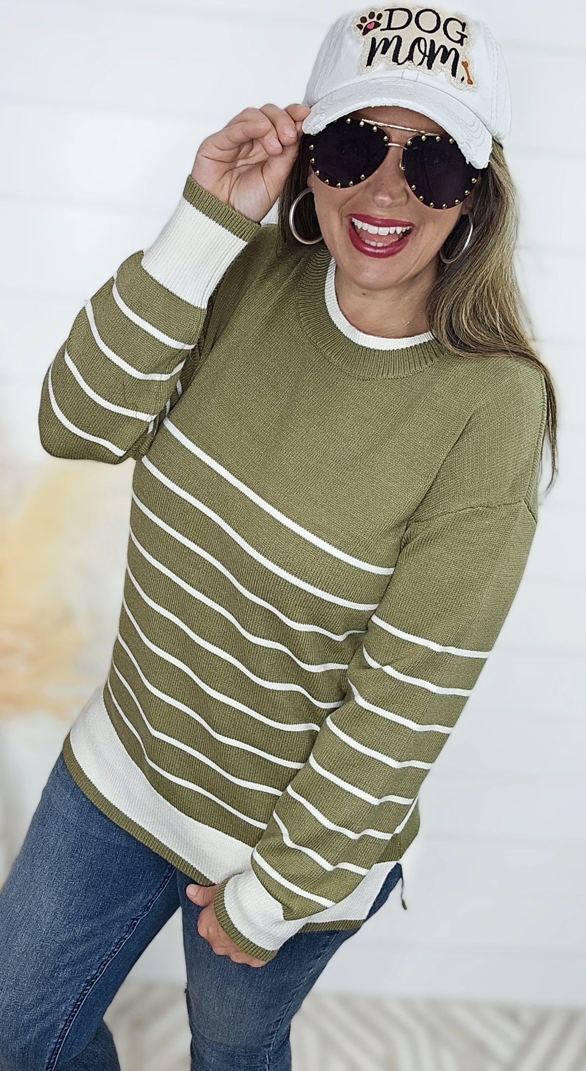 OLIVE/CREAM STRIPED CREW NECK SWEATER