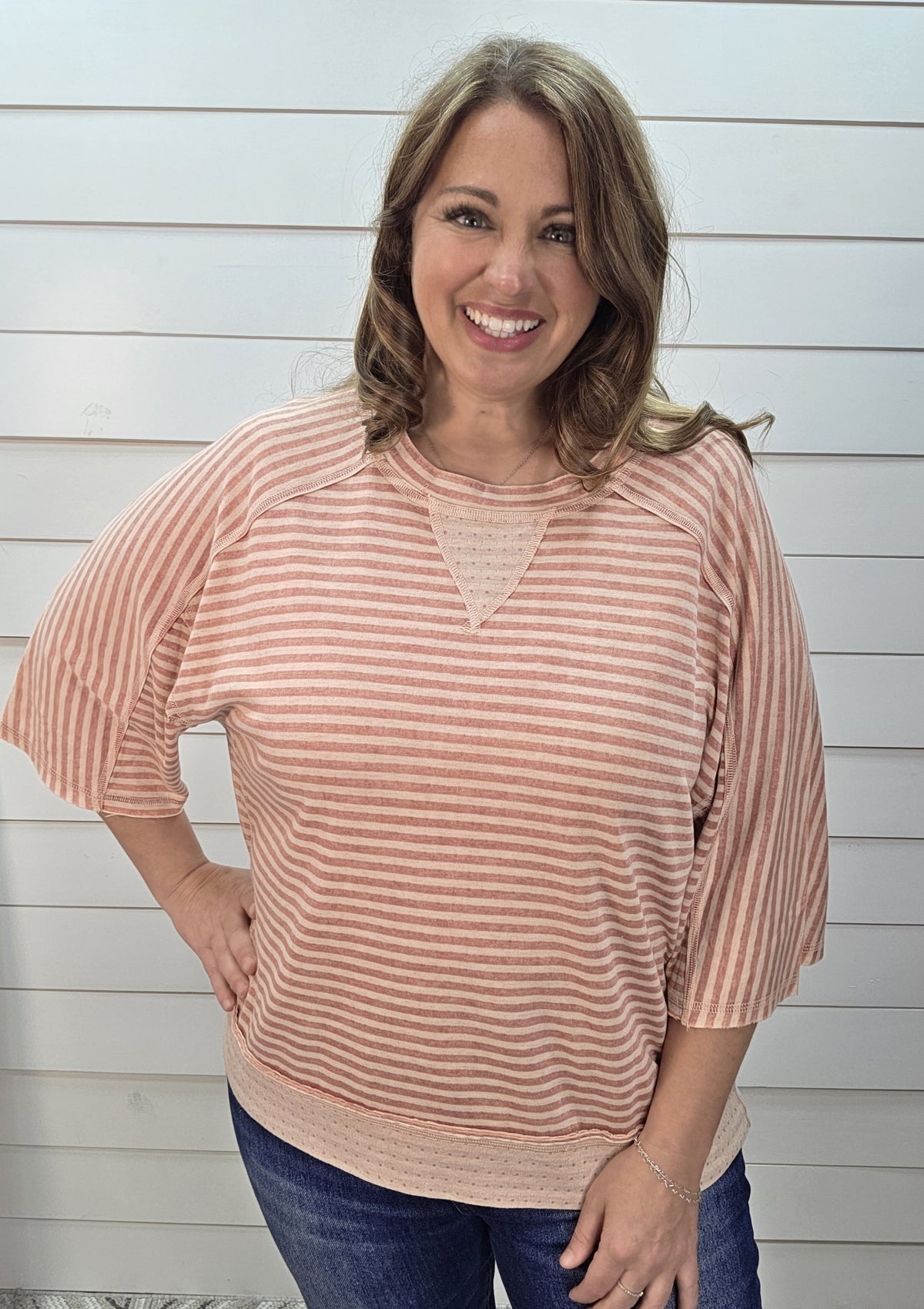 STRAWBERRY STRIPED HALF SLEEVE KNIT OVERSIZED TOP