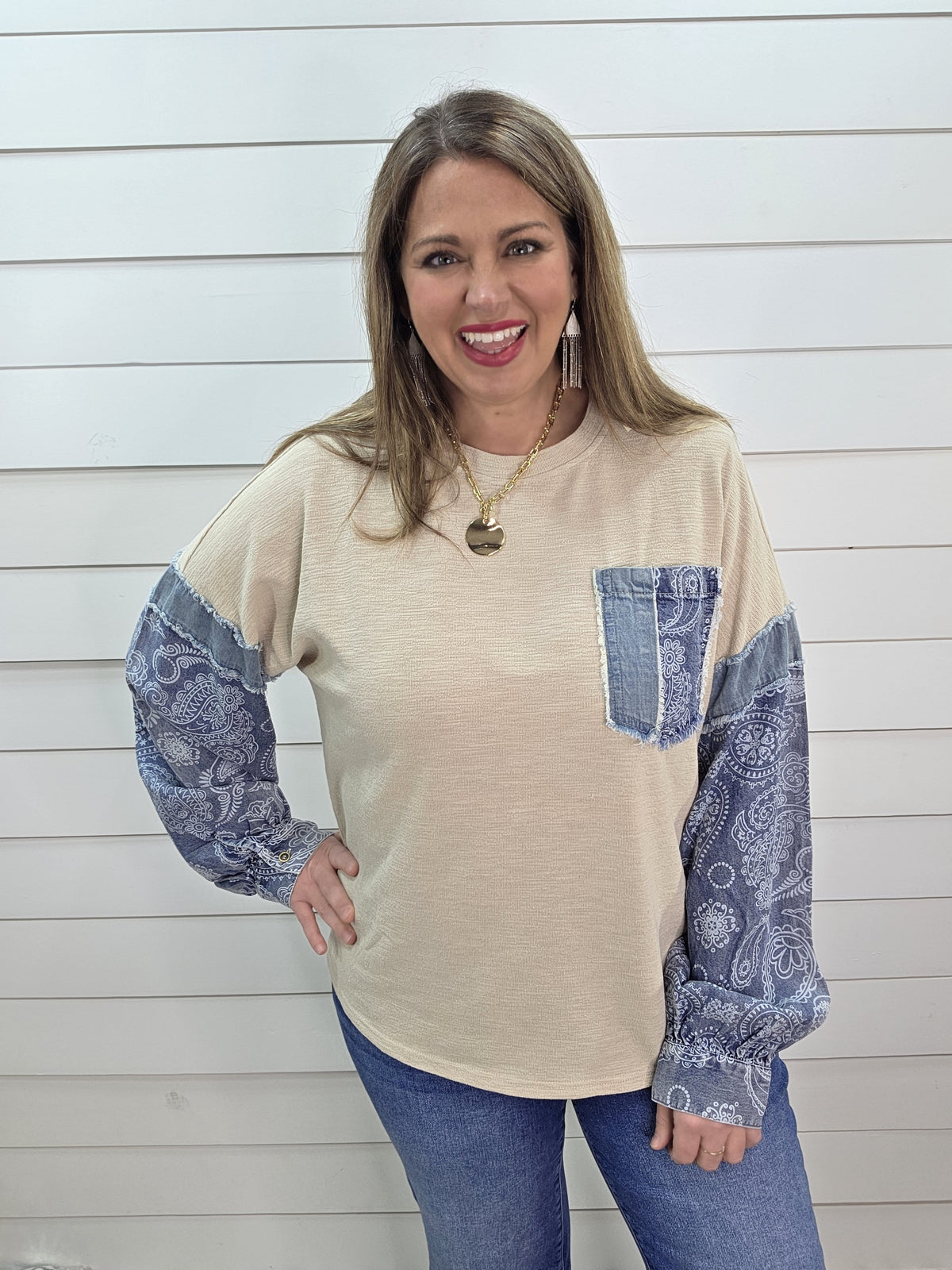BEIGE COTTON TOP W/ DENIM/PAISLEY CONTRAST