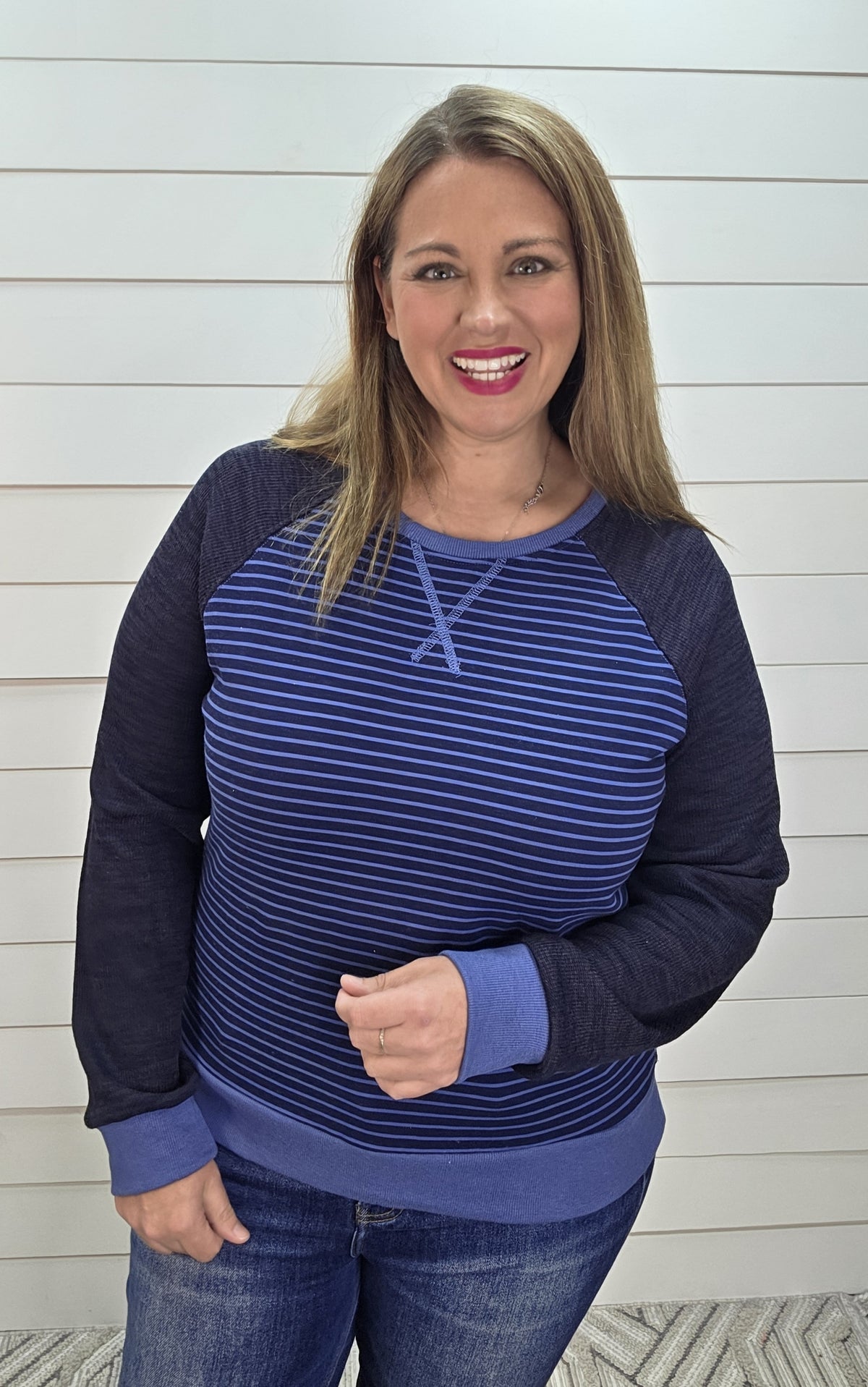 BLUE Crew Neck, Raglan Sleeve, Stripe Mix Media Sweatshirt