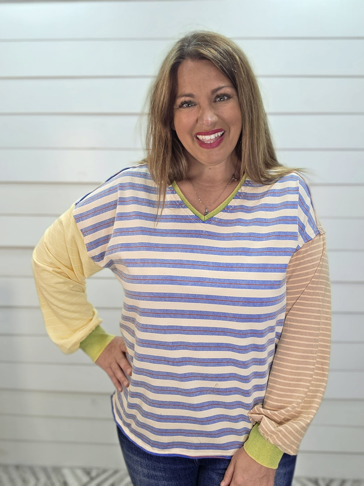 BLUE/YELLOW/PEACH/GREEN STRIPED CONTRAST TOP