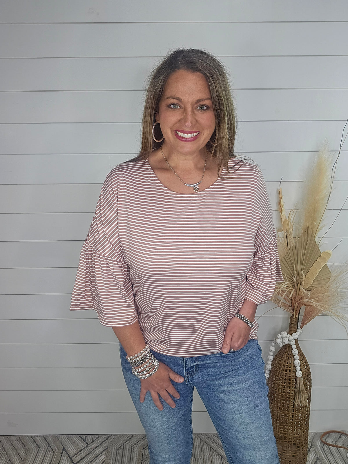 MAUVE STRIPED DROP SHOULDER KNIT TOP