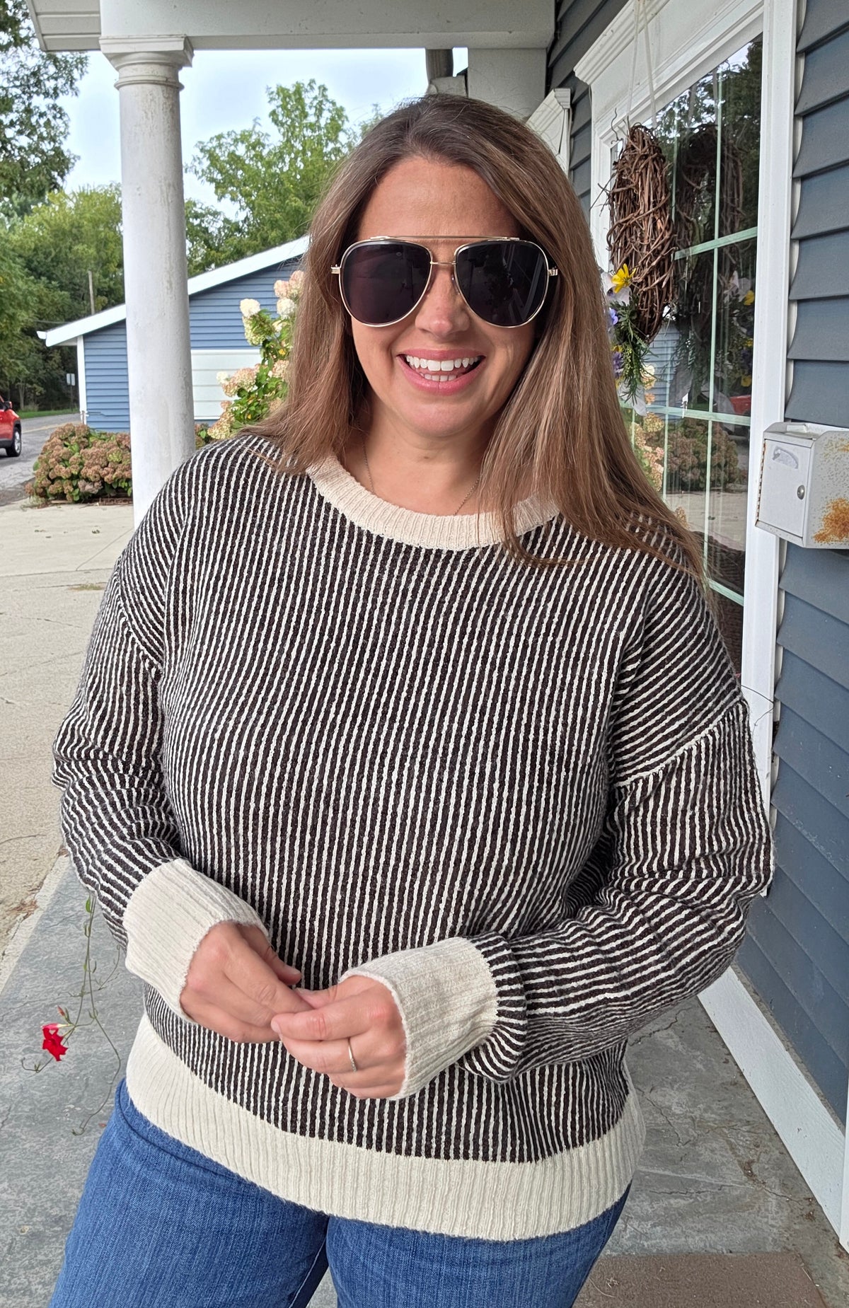 Chocolate Crew Neck, Long Sleeve, 2Tone Rib Textured Sweater