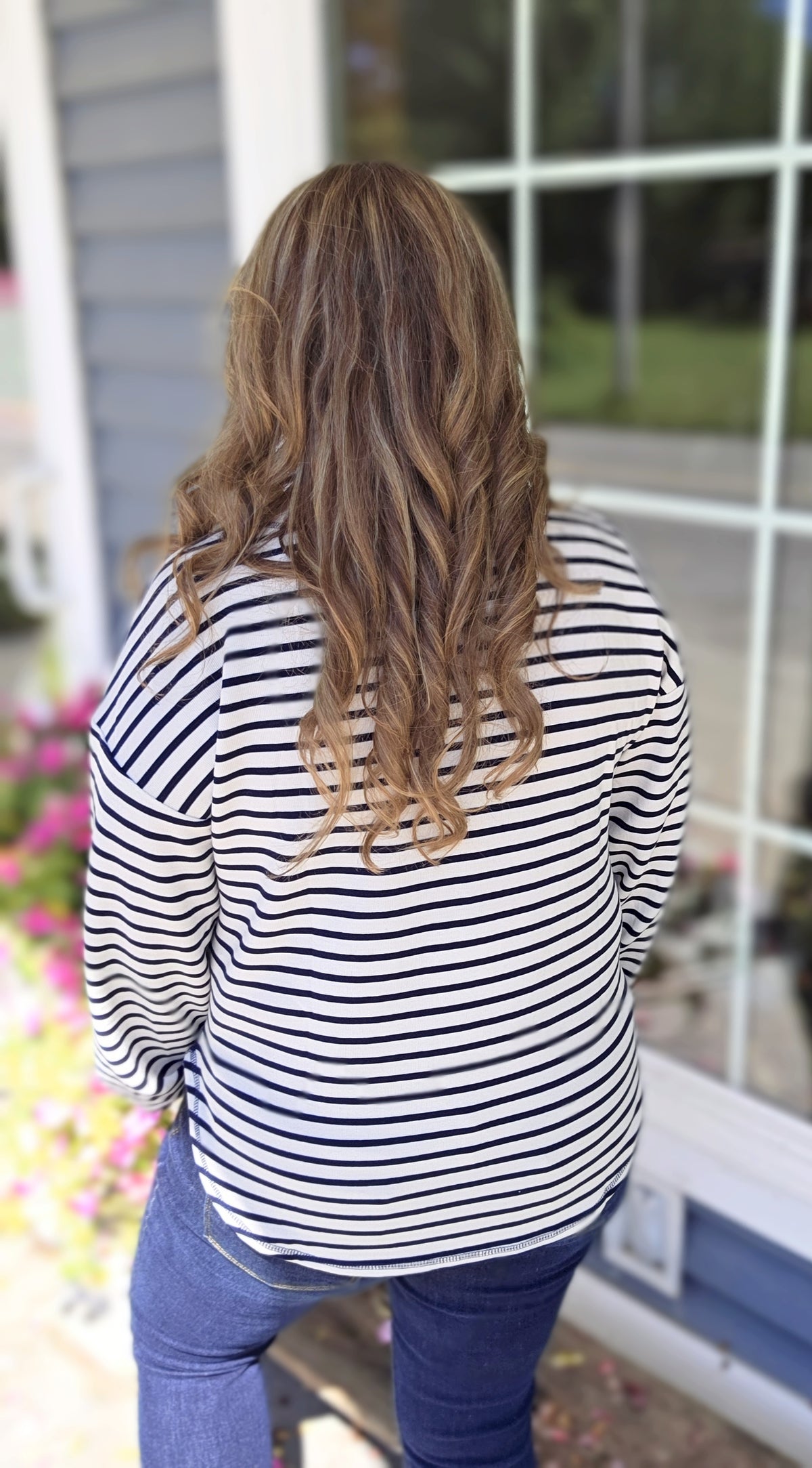 NAVY/CREAM STRIPED SNAP BUTTON HENLEY TOP