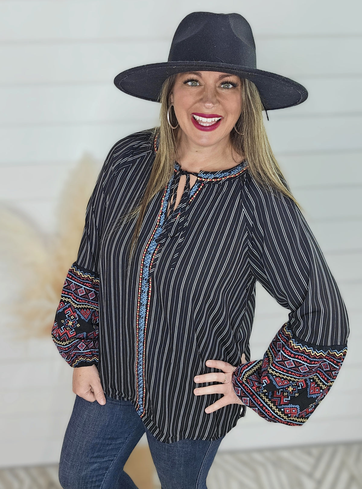 BLACK STRIPED EMBROIDERED TOP