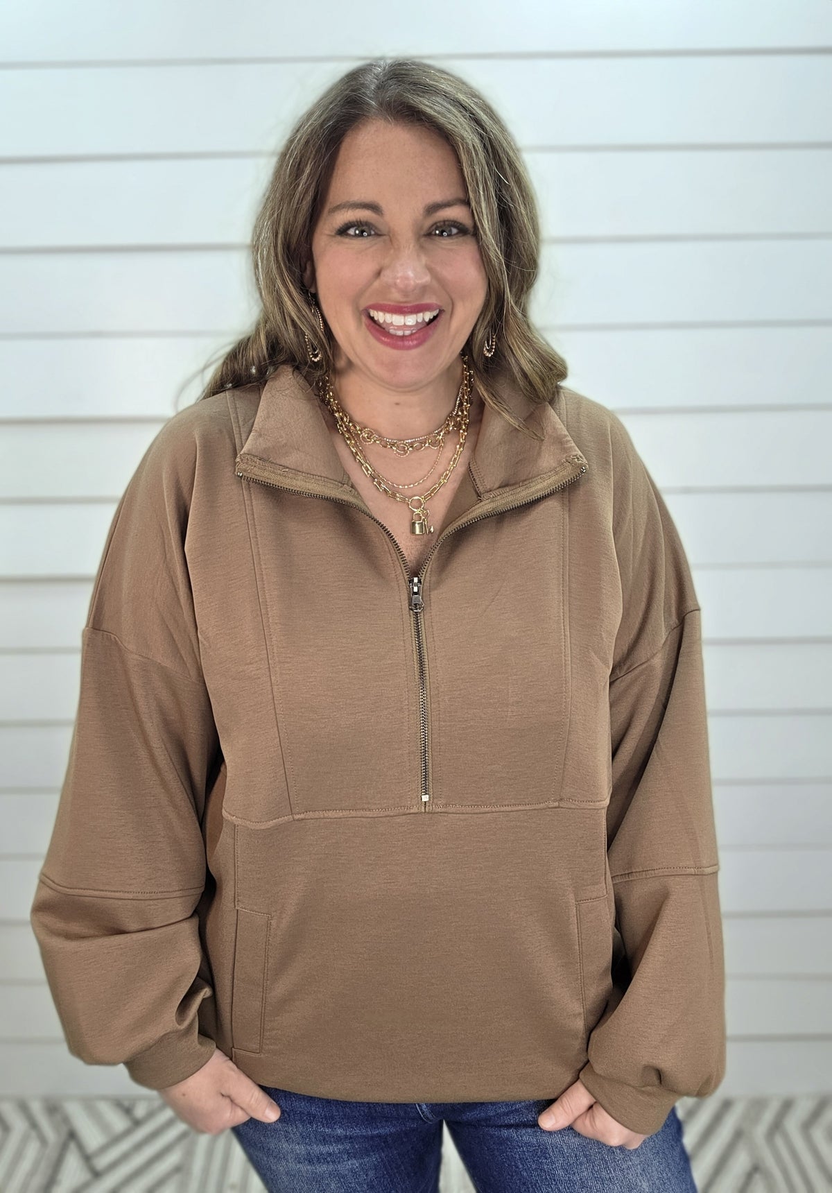BROWN SCUBA HALF ZIP PULLOVER W/ KANGAROO POCKET