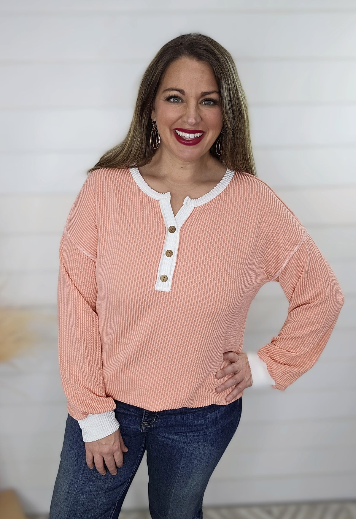 CORAL RAISED RIBBED BUTTON FRONT TOP