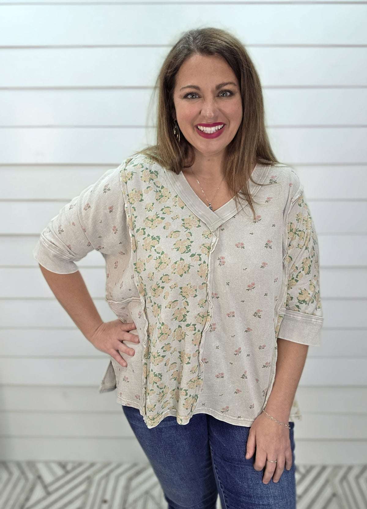 STONE GREY OVERSIZED FLORAL CONTRAST FRENCH TERRY KNIT TOP