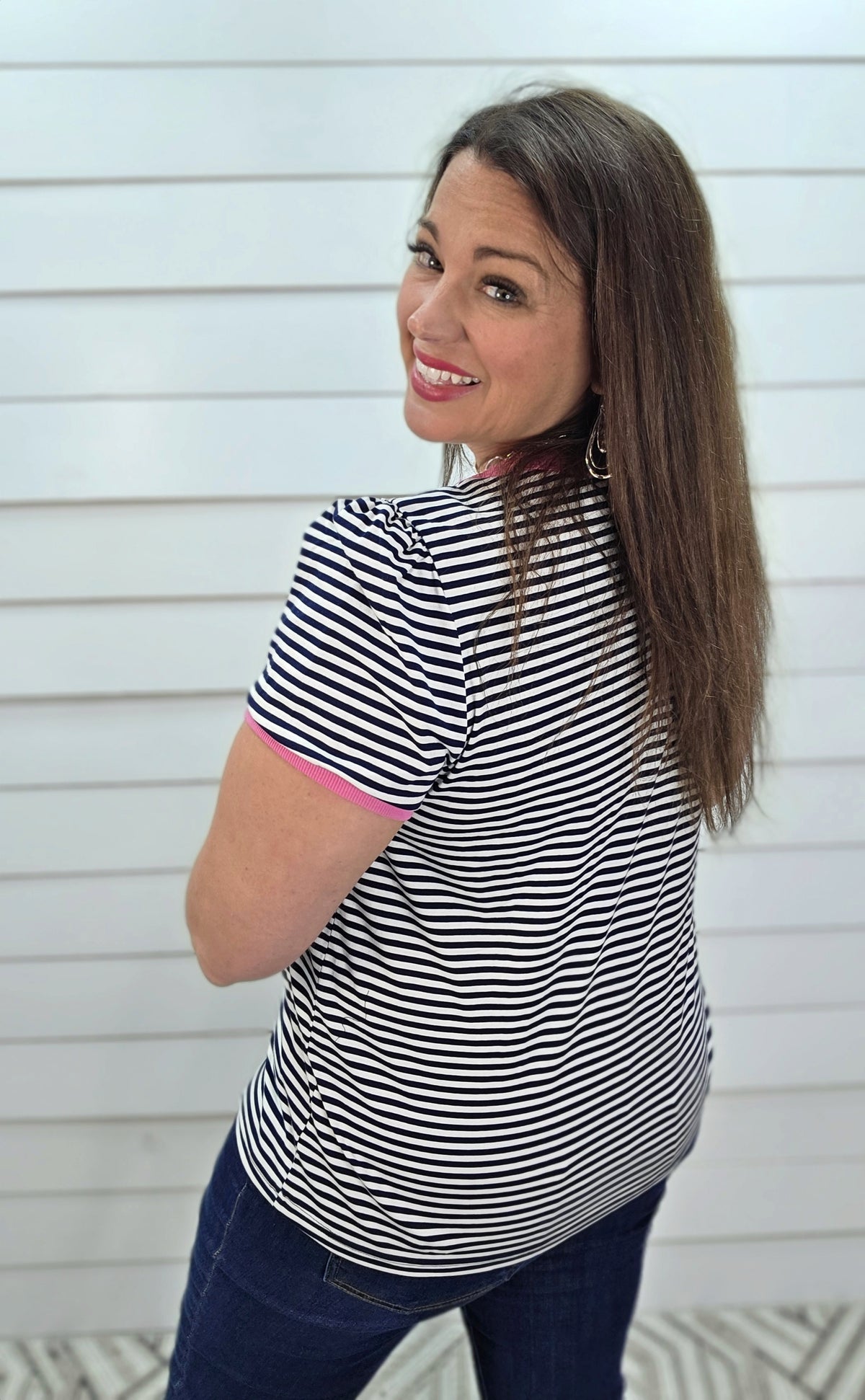 NAVY STRIPED KNIT TOP W/ PINK TRIM AND SMALL PUFF SLEEVE