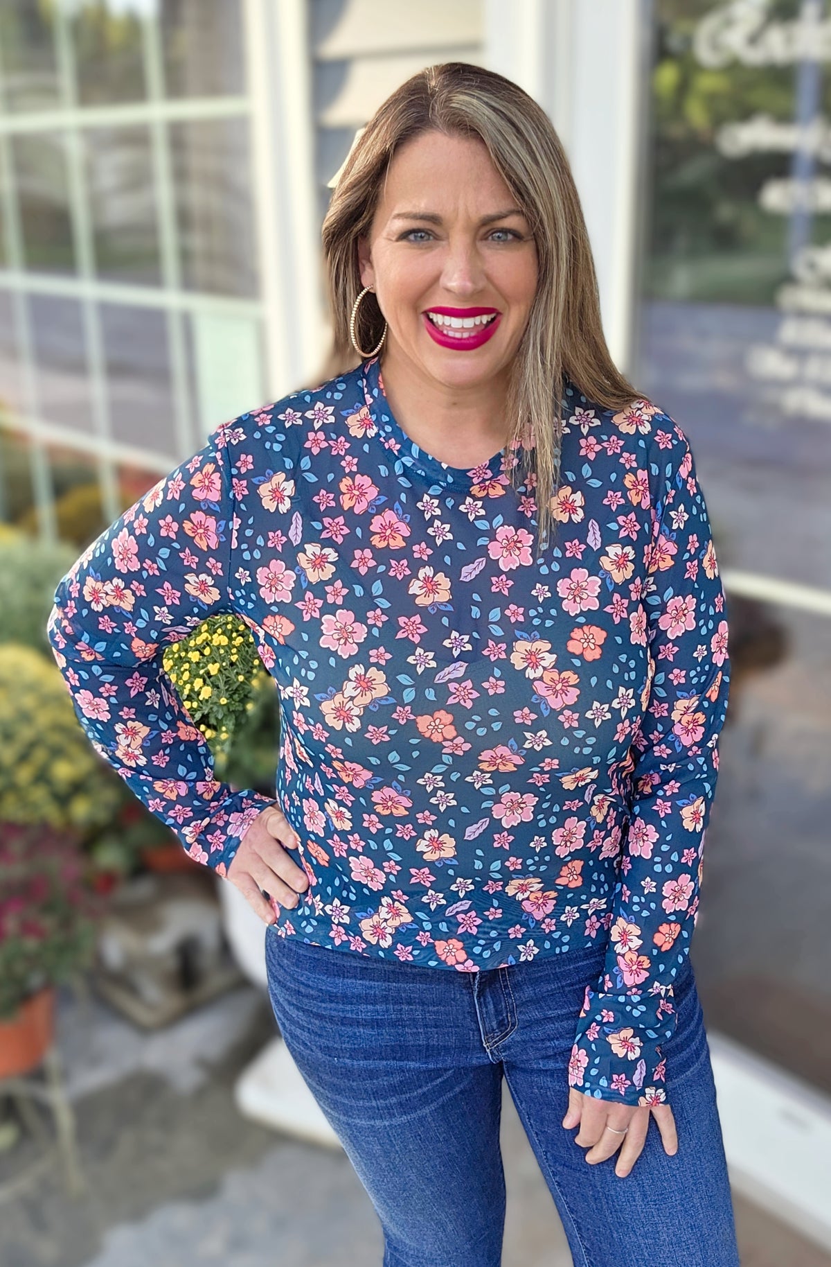 SHIRLEY AND STONE DARK GREEN FLORAL MESH TOP