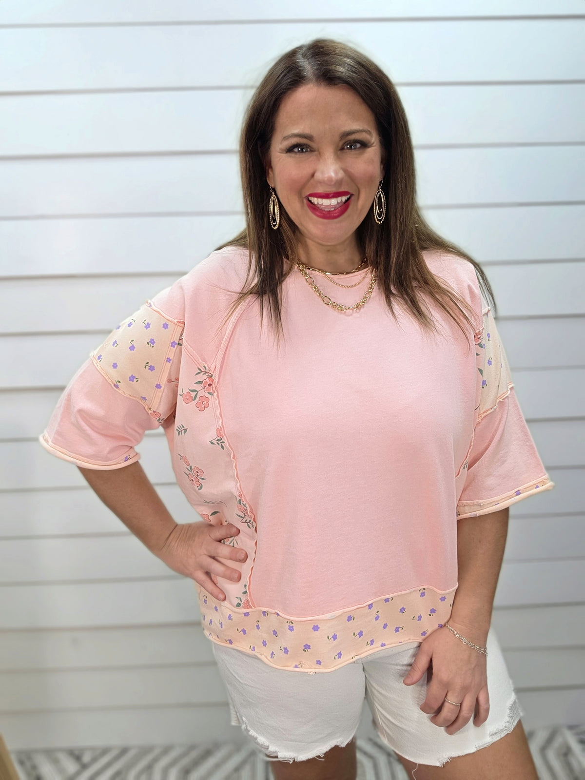 PINK 3/4 SLEEVE FLORAL CONTRAST FRENCH TERRY OVERSIZED TOP