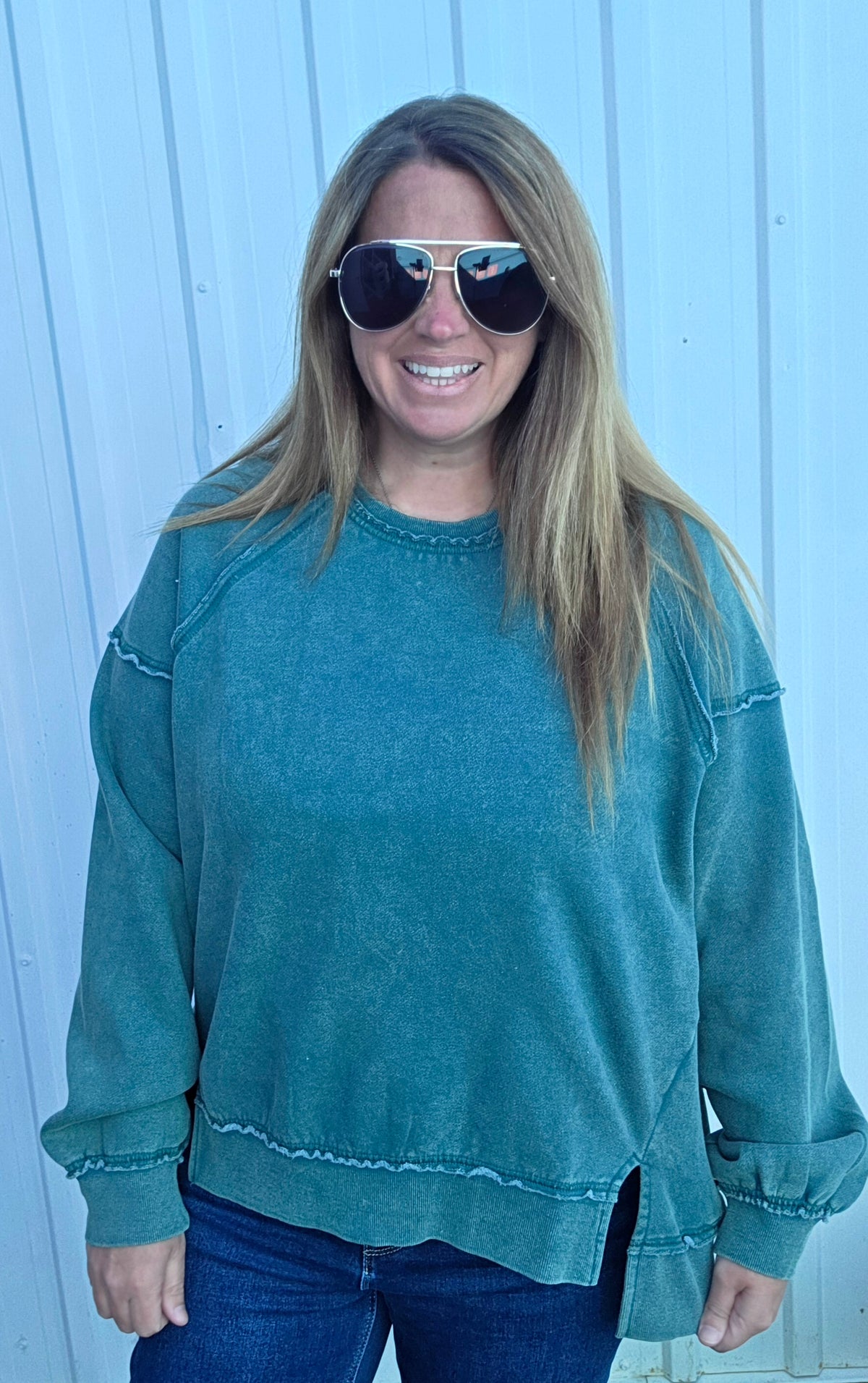 Green Mineral Wash Soft Fleeve Lined Oversized Pullover