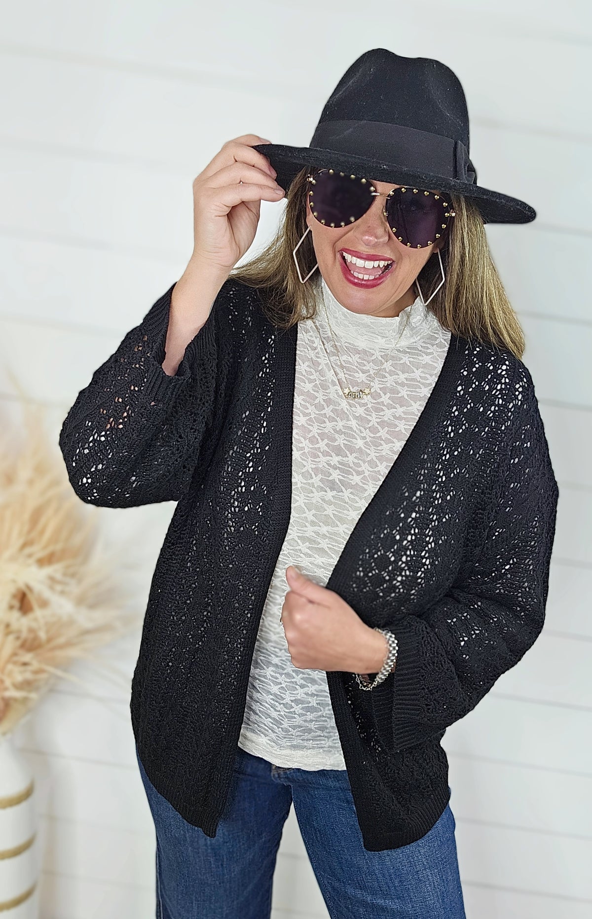 BLACK OPEN KNIT DROP SHOULDER CARDIGAN