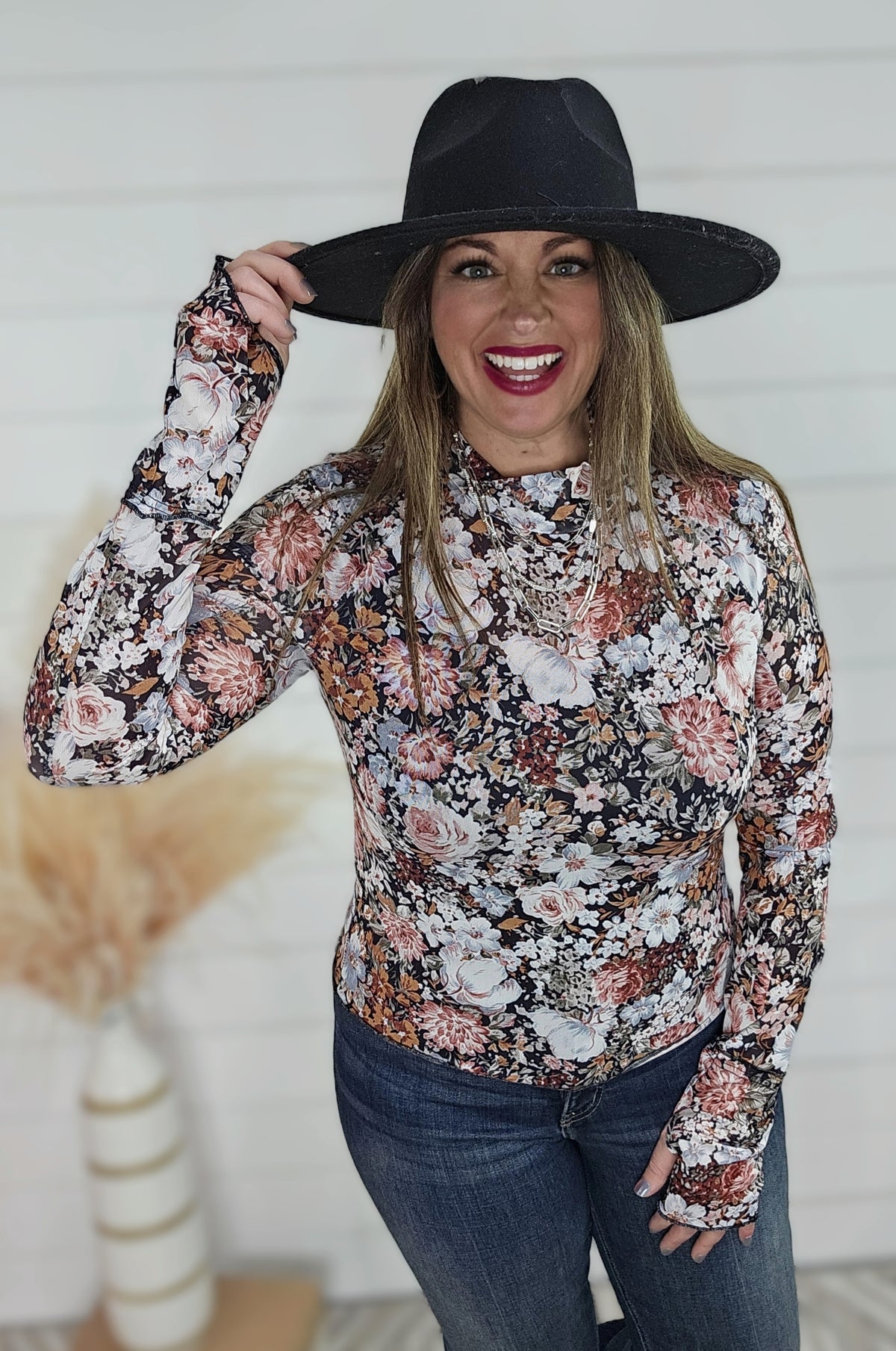 BROWN FLORAL MESH HIGH NECK TOP W/ THUMBHOLES