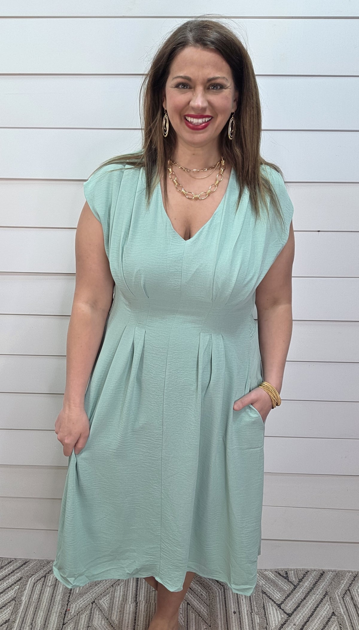 SAGE V NECK PLEATED ELASTIC WAIST DRESS