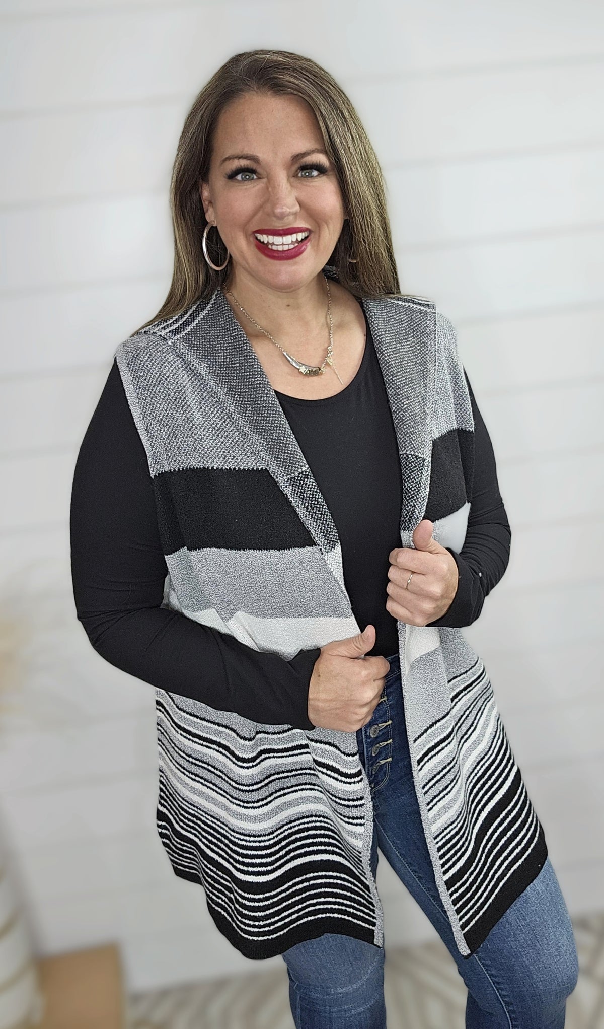 SOUTHERN LADY BLACK/GREY STRIPED COLORBLOCK HOODED SWEATER VEST