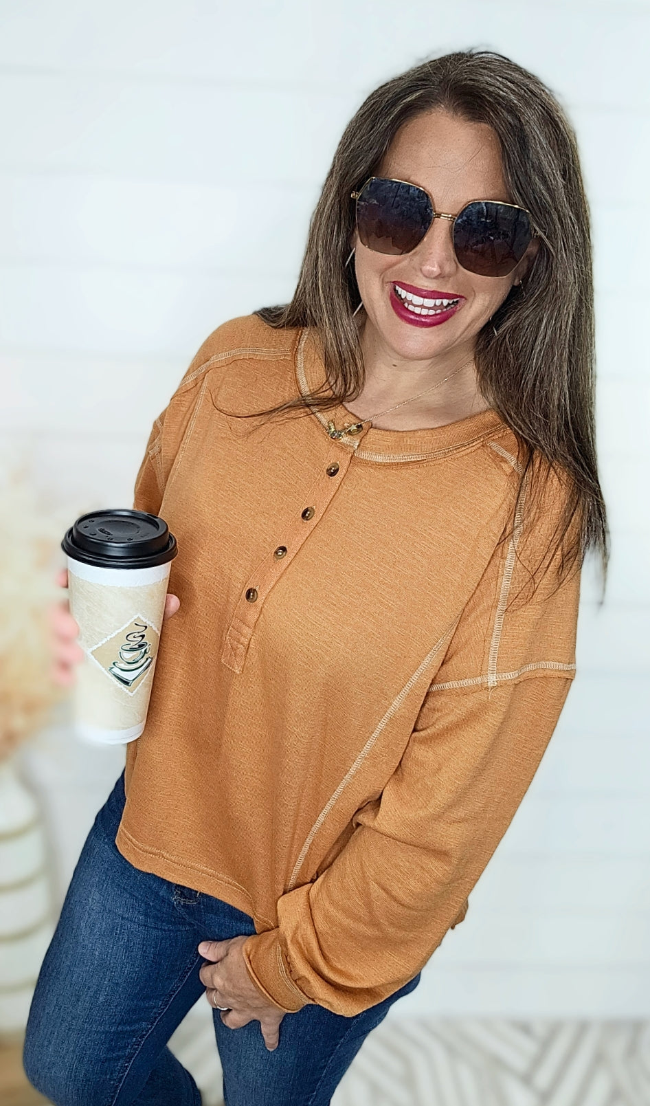 RUST HENLEY CONTRAST STITCH TOP