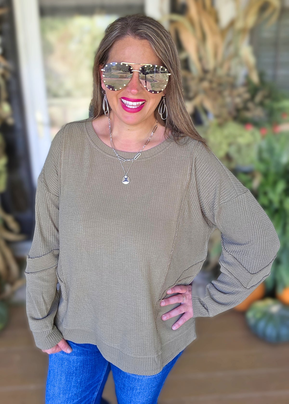 OLIVE MIXED FABRIC CONTRAST KNIT TOP