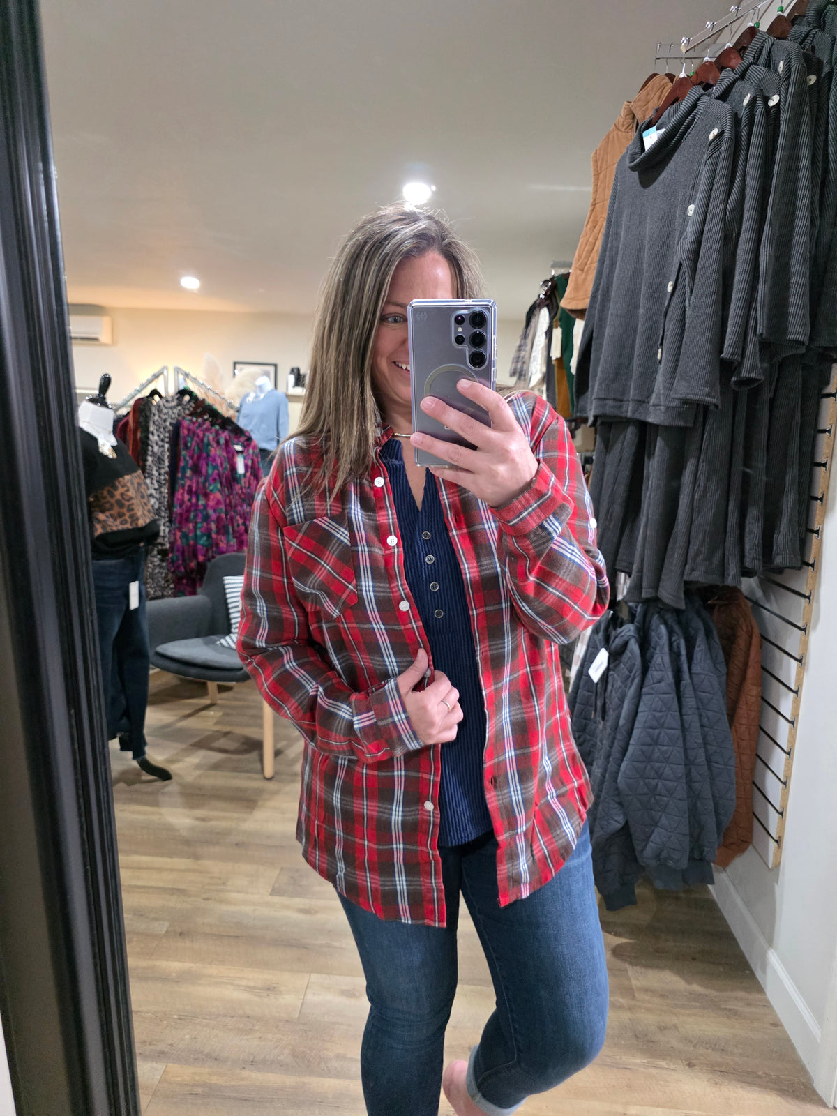RED CHECK PLAID BUTTON DOWN FLANNEL