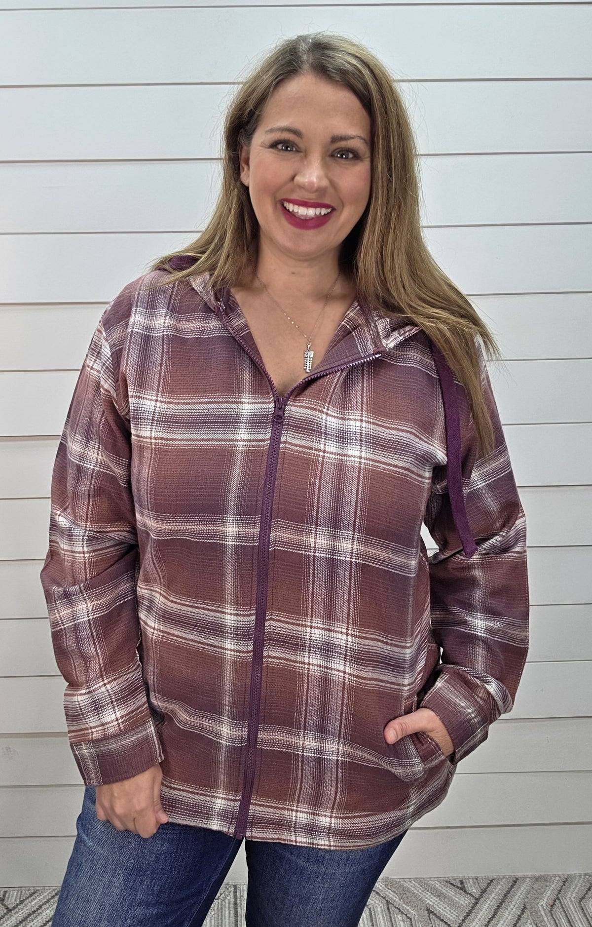 PLUM PLAID ZIP UP HOODED TOP W/ POCKETS