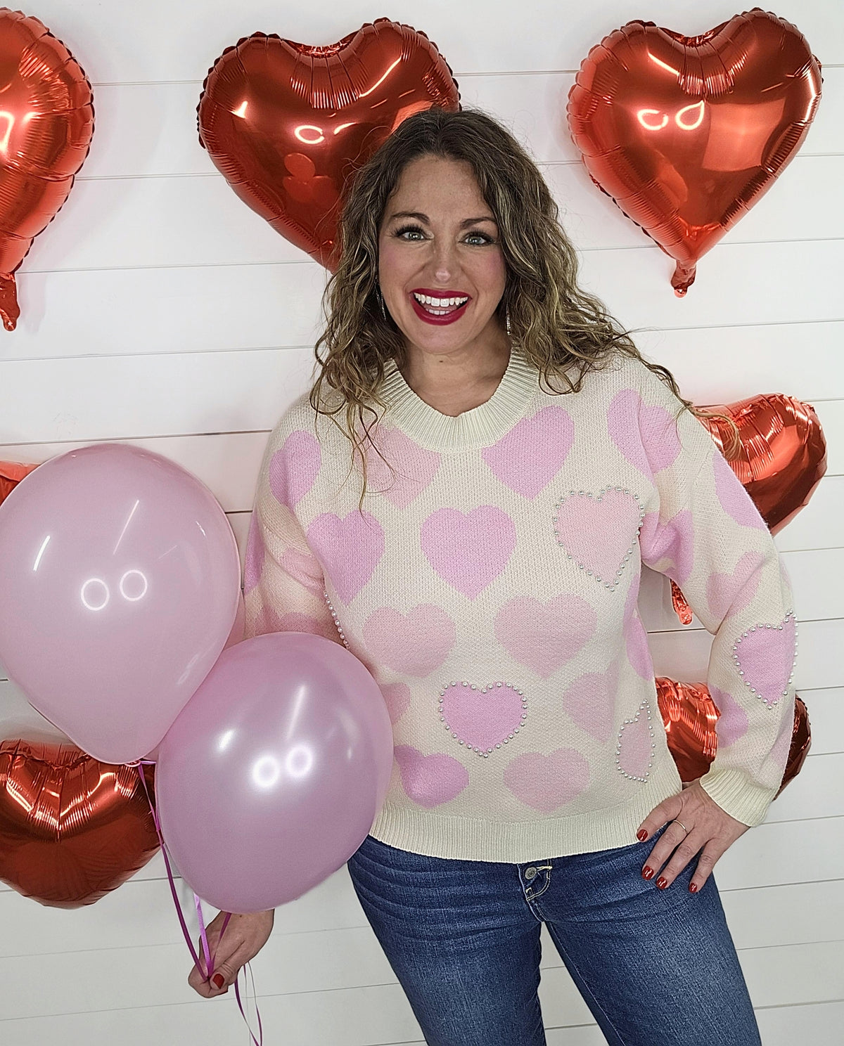 IVORY/PINK HEART PEARL SWEATER