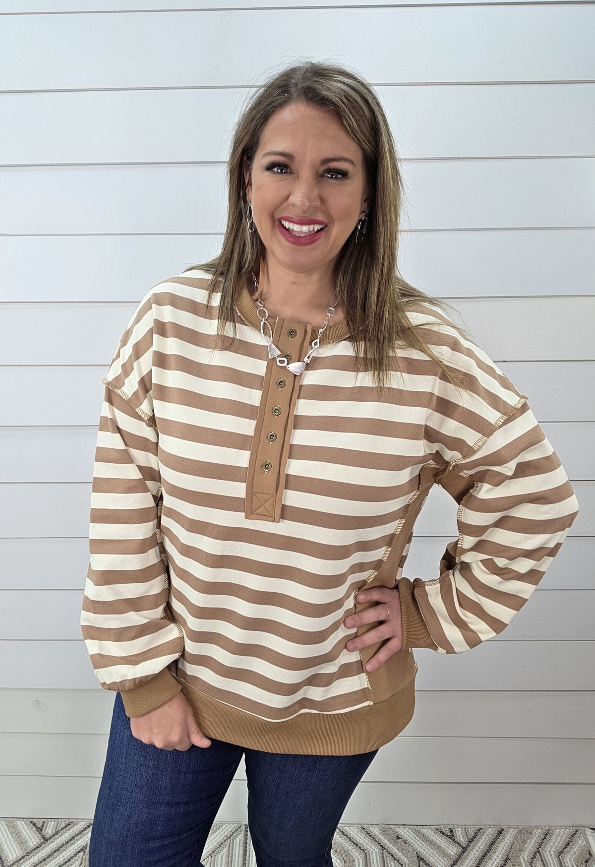 MOCHA/CREAM STRIPED BUTTON HENLEY FRECH TERRY TOP