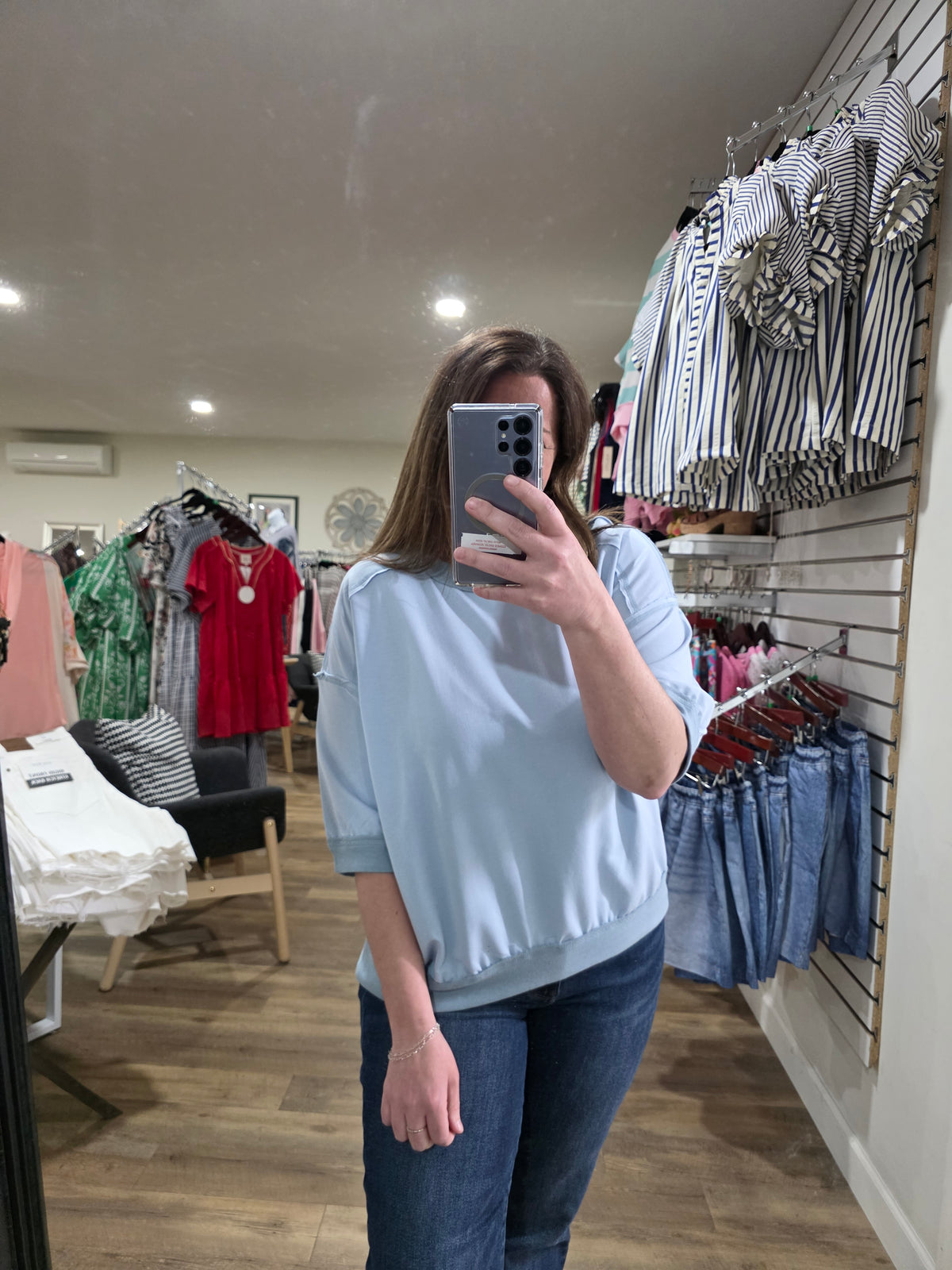 SKY BLUE CONTRAST TRIM RAGLAN SHORT SLEEVE KNIT TOP