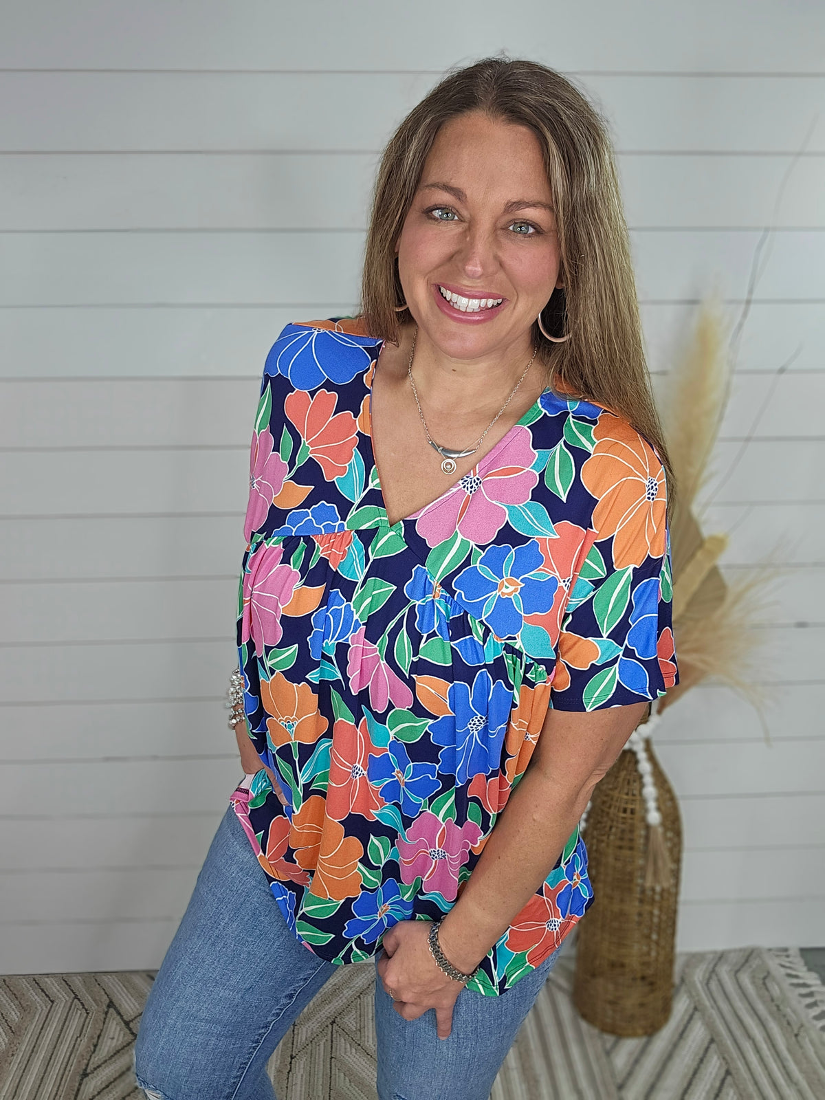 NAVY/ORANGE/BLUE FLORAL V NECK DOLMAN TOP