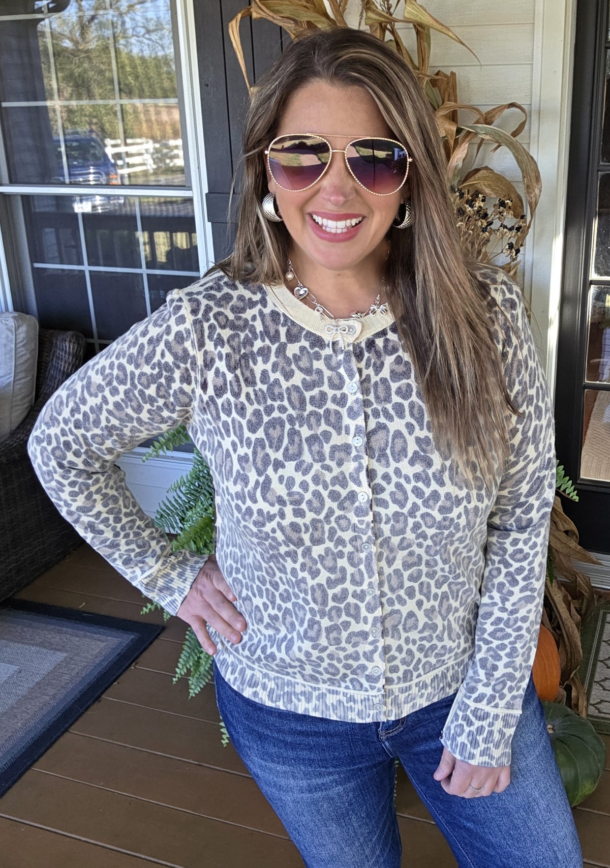 LEOPARD INSIDE OUT BUTTON DOWN LIGHT WEIGHT CARDIGAN