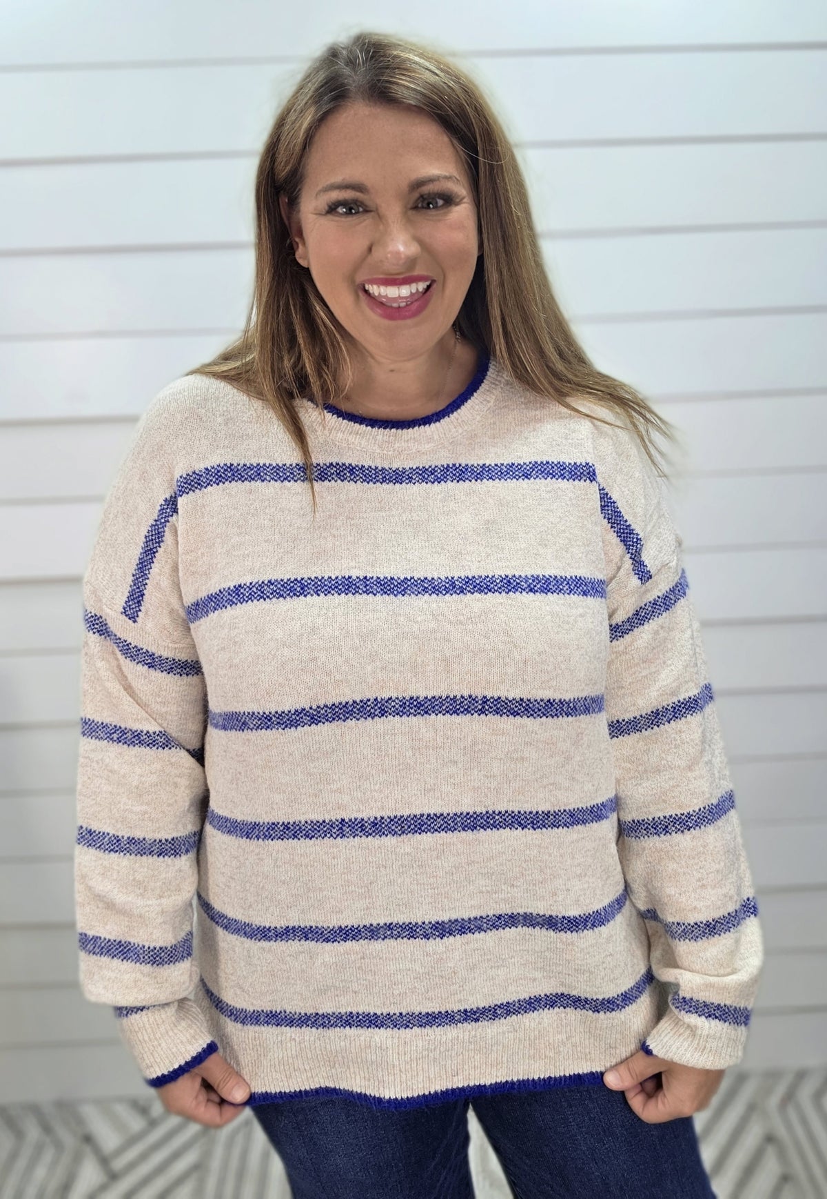 OATMEAL/ROYAL BLUE Crew Neck Long Sleeve Super Cozy Striped Pullover Sweater