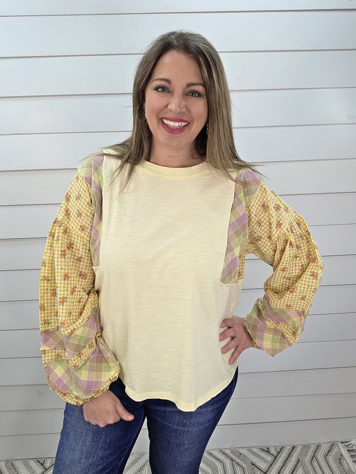 BUTTER YELLOW PLAID/FLORAL CONTRAST OVERSIZED COTTON TOP
