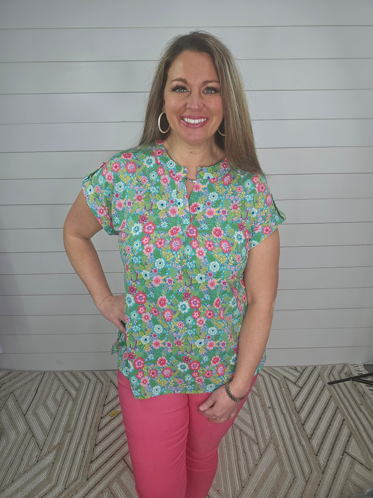 GREEN/PINK FLORAL SHORT SLEEVE LIZZY TOP