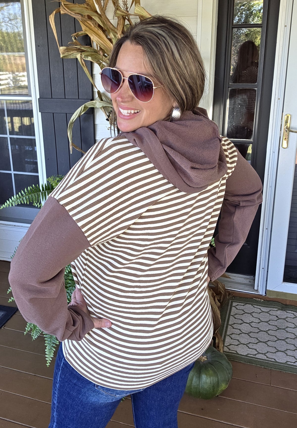 BROWN STRIPED CONTRAST KNIT BUTTON TRIM HOODIE