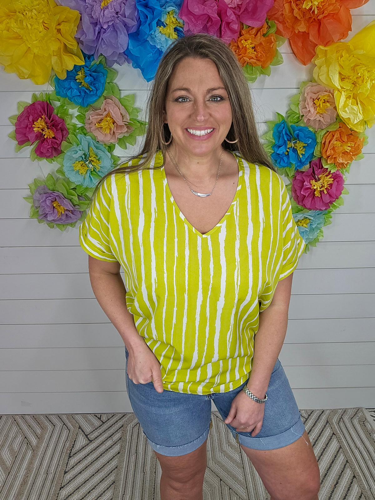 LIME VERTICAL STRIPE V NECK WOVEN TOP