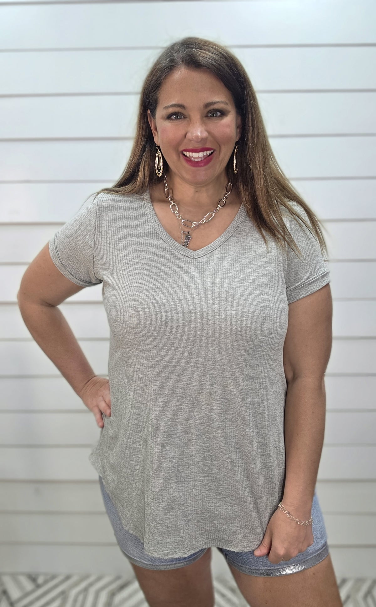 GREY RIBBED V NECK KNIT TOP