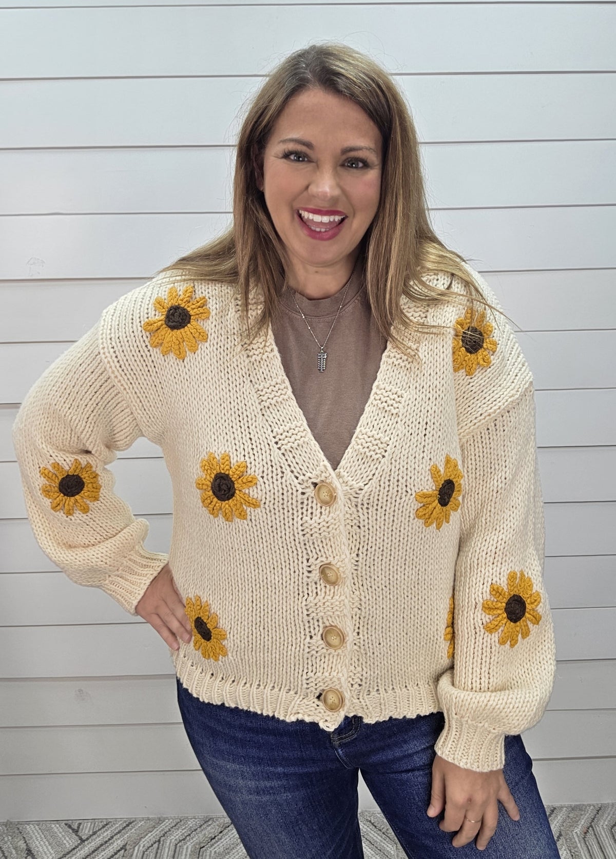 CREAM SUNFLOWER BUTTON CARDIGAN