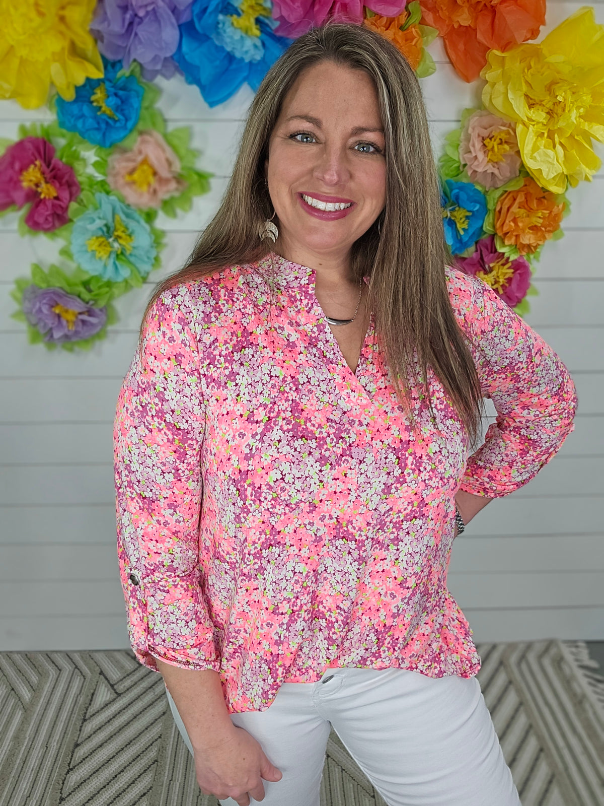 NEON PINK FLORAL 3/4 SLEEVE LIZZY TOP