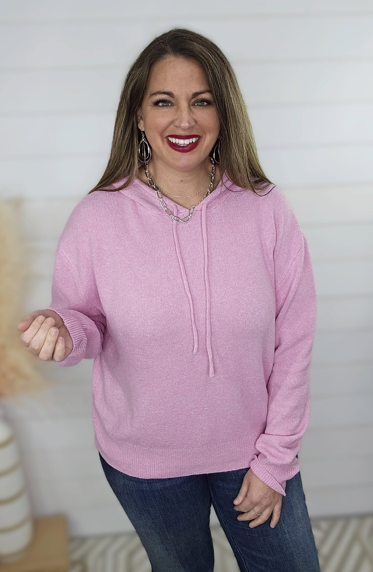 ROSE PINK SWEATER KNIT HOODED TOP