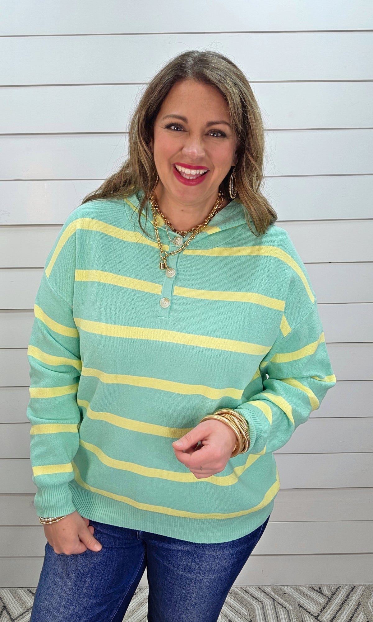 MINT/YELLOW BUTTON HENLEY HOODED KNIT PULLOVER SWEATER