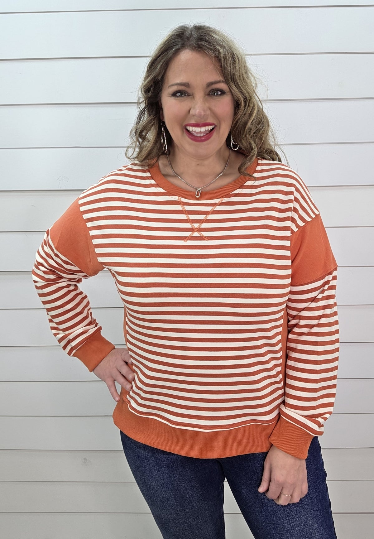 TANGERINE/CREAM STRIPED FRENCH TERRY PULLOVER