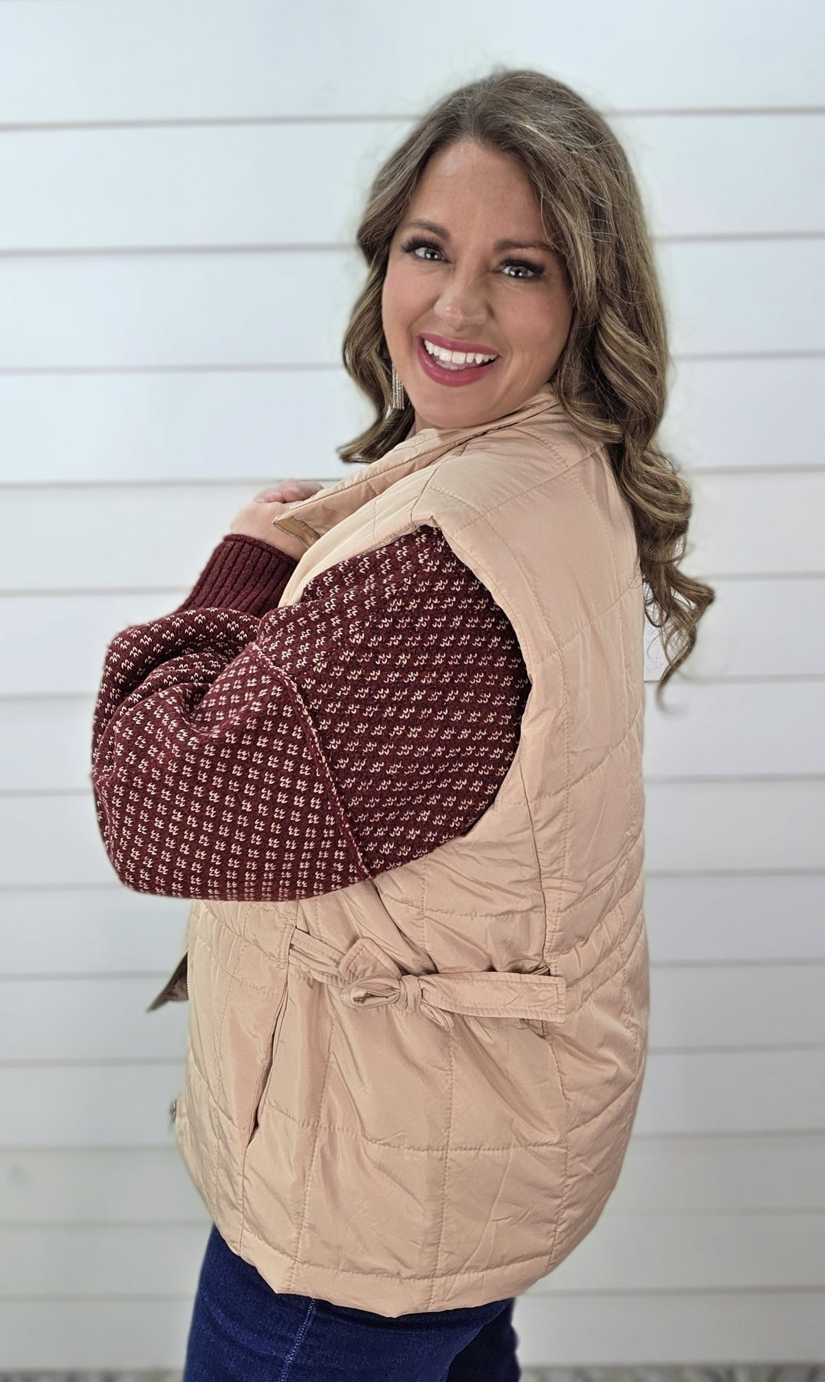 TAN FULL ZIP VEST WITH ADJUSTABLE SIDE TIES