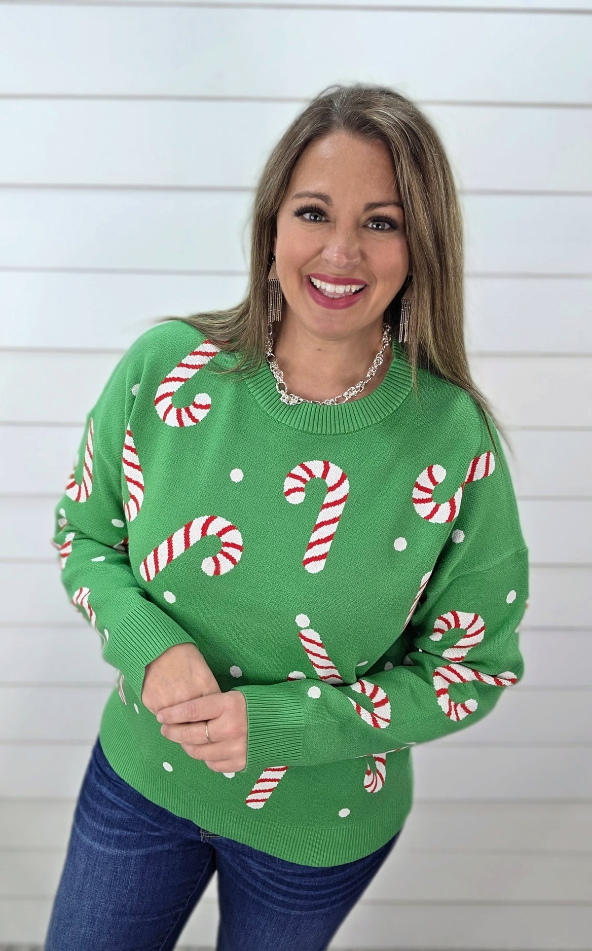 GREEN CANDY CANE SWEATER